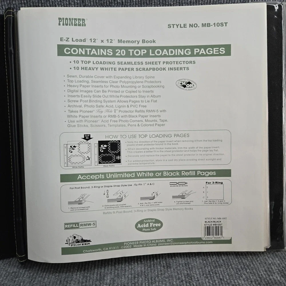 Pioneer E-Z Load 12x12 Memory Book Scrapbook Album Black MB-10ST Refill RMW-5